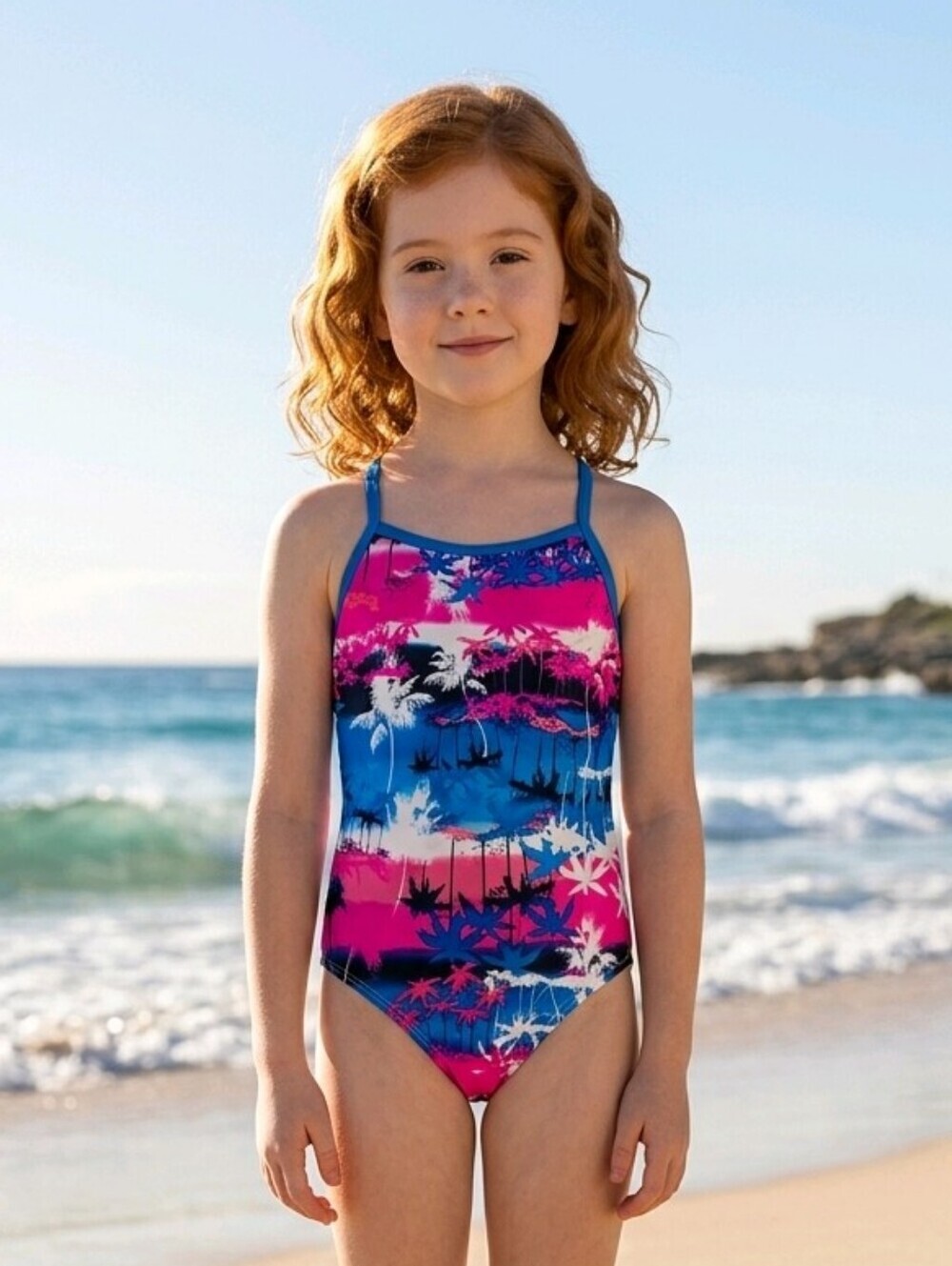 NWT Kanu Surf Kids Palm Silhouette One Piece Swimsuit - Pink and Blue
